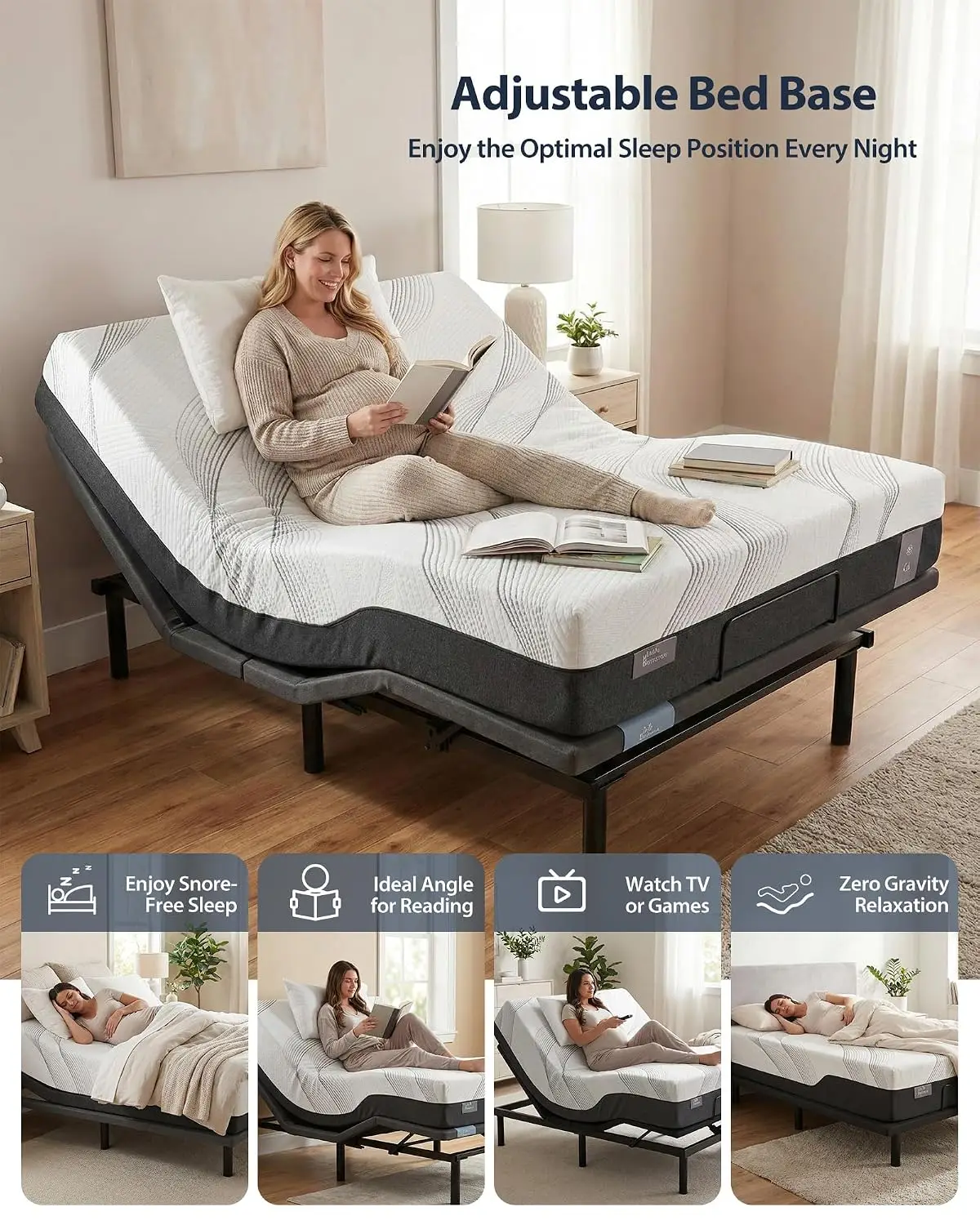 Twin XL Adjustable Bed Frame, Head & Foot Incline, Wireless Remote, Zero Gravity & Anti-Snore Modes, Custom view 5