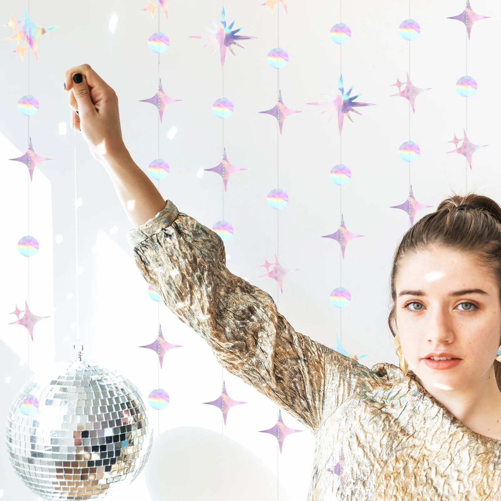 

4Pcs Reflective Party Streamers Iridescent Star Dot Garland Set for Birthday Wedding Baby Shower Holiday Decoration Ceiling