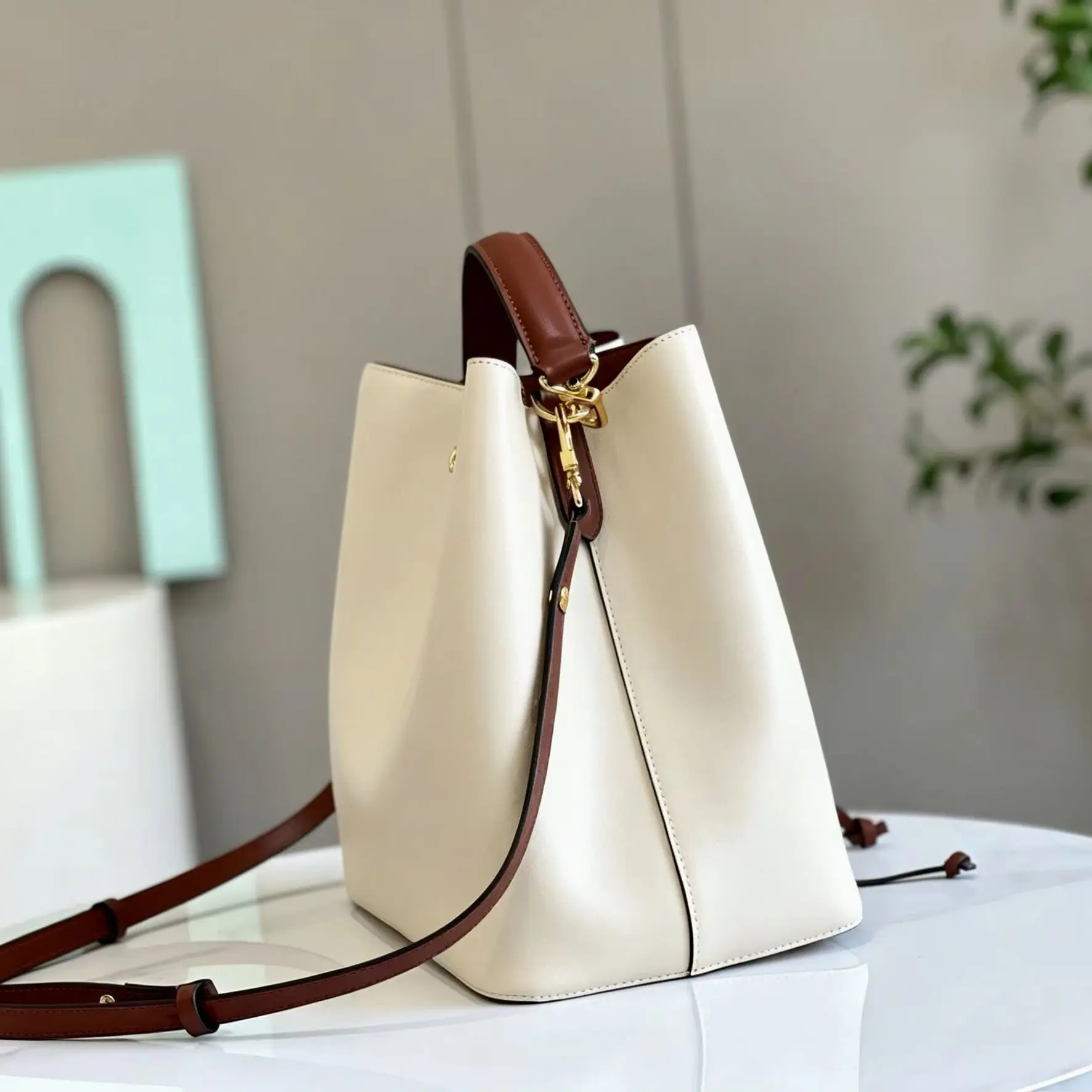 Two-tone Leather Drawstring Bucket Bag, Luxury Multi-Way Handbag