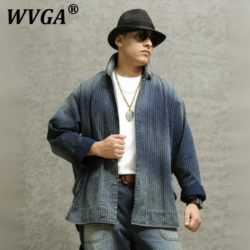 

WVGA Spring Autumn New Man Denim Striped Design Oversized Trendy Long Sleeve Shirts Niche Chic Retro Tie-Dye Washed Shirt W9963