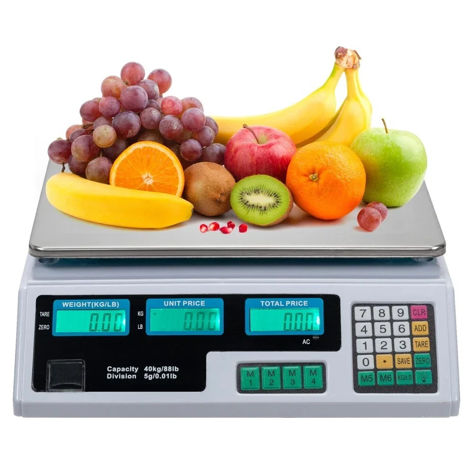 40kg Digitale Preisberechnungswaage aus Edelstahl für den gewerblichen Einsatz mit dreifachem LCD-Display, Tarafunktion, Preisspeicherung, für Gemüsehändler, Obst, Gemüse, Metzger, Marktstände und Einzelhandel – Detail 2