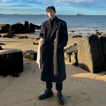 Men's Long Woolen Trench Coat 3 Winter Long Trenchcoat Men Korean-style Solid Double Breasted Woolen Coat Loose Casual Trench Outwear 2023 Solid Color Overcoats 3