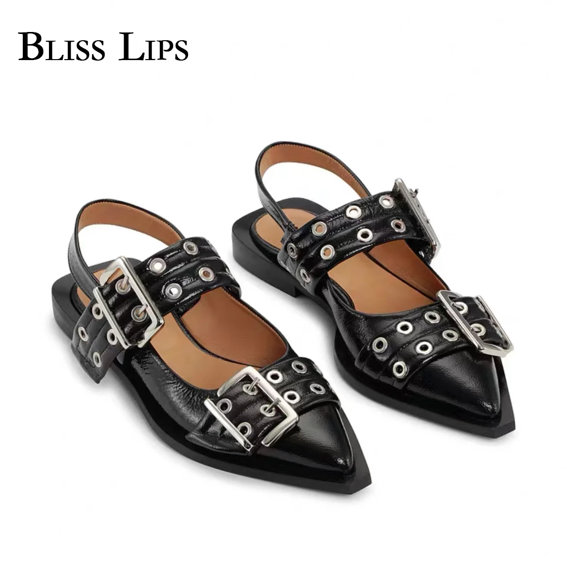 Women\'s Flat Shoes Punk Metal Buckle Strap Casual Pointed Toe Shoes Back Strap Mules Design Sandals Ladies Shoes