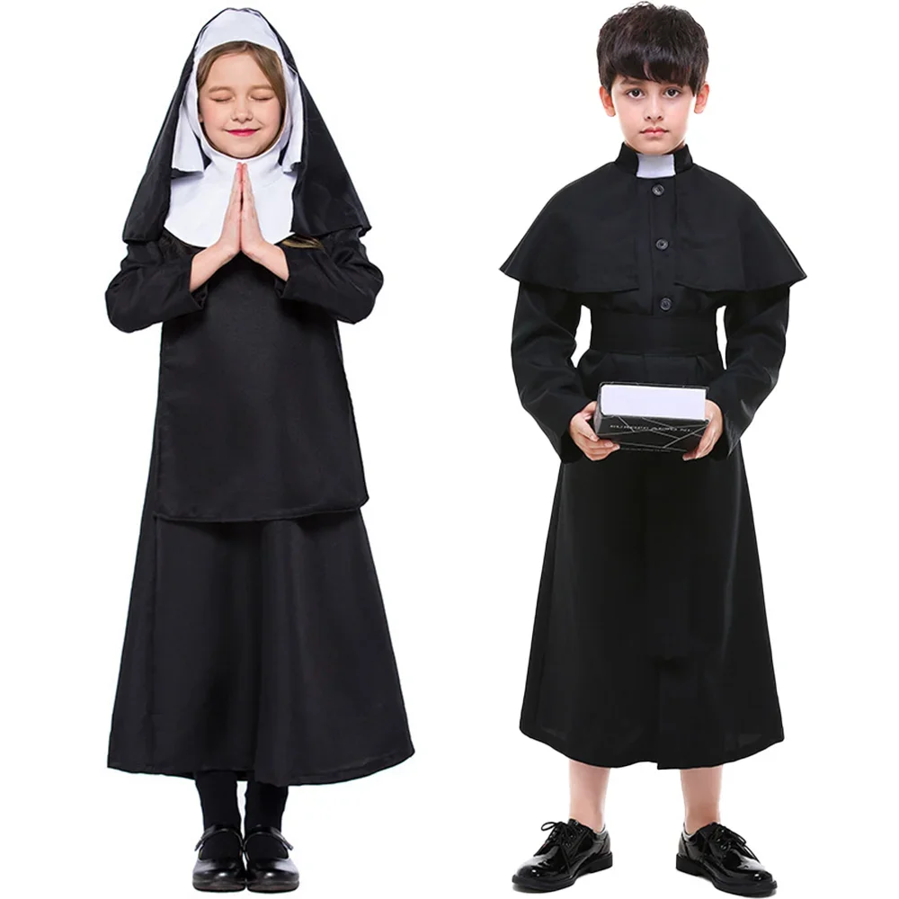 

Traditional Nun Costume for Girls Halloween Party Cosplay Boys Priest Costume Fancy Dress Up Medieval Outfit