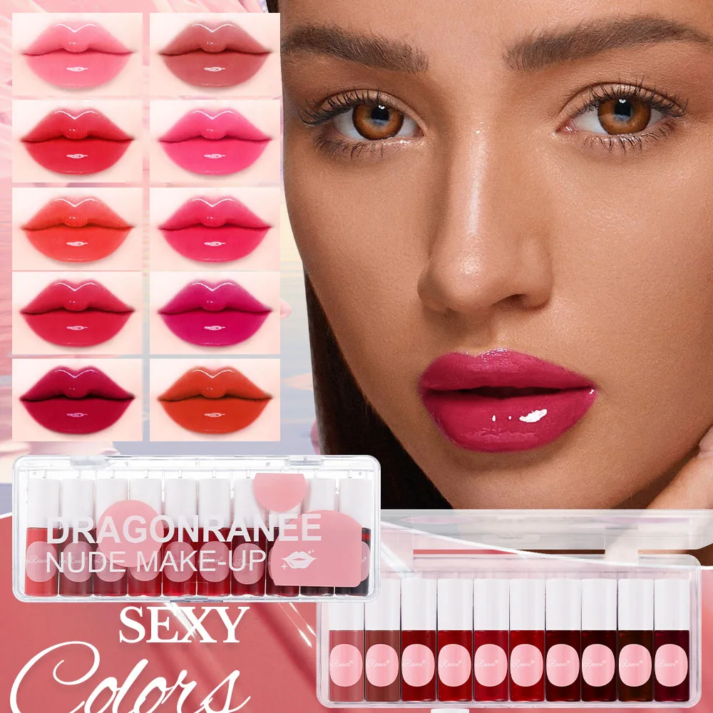 Mirror Finish Lip Dye Lip Gloss Set of 10, Easy to Apply, Moisturizing, Shiny Lip Gloss, Glass Lip Effect, Non-Stick Cup, Non-Fading Lip Gloss, Fine Shimmer, Pearlescent, Glitter Lip Gloss, Mirror Lipstick, 10-Color Set Box, Lip Dye
