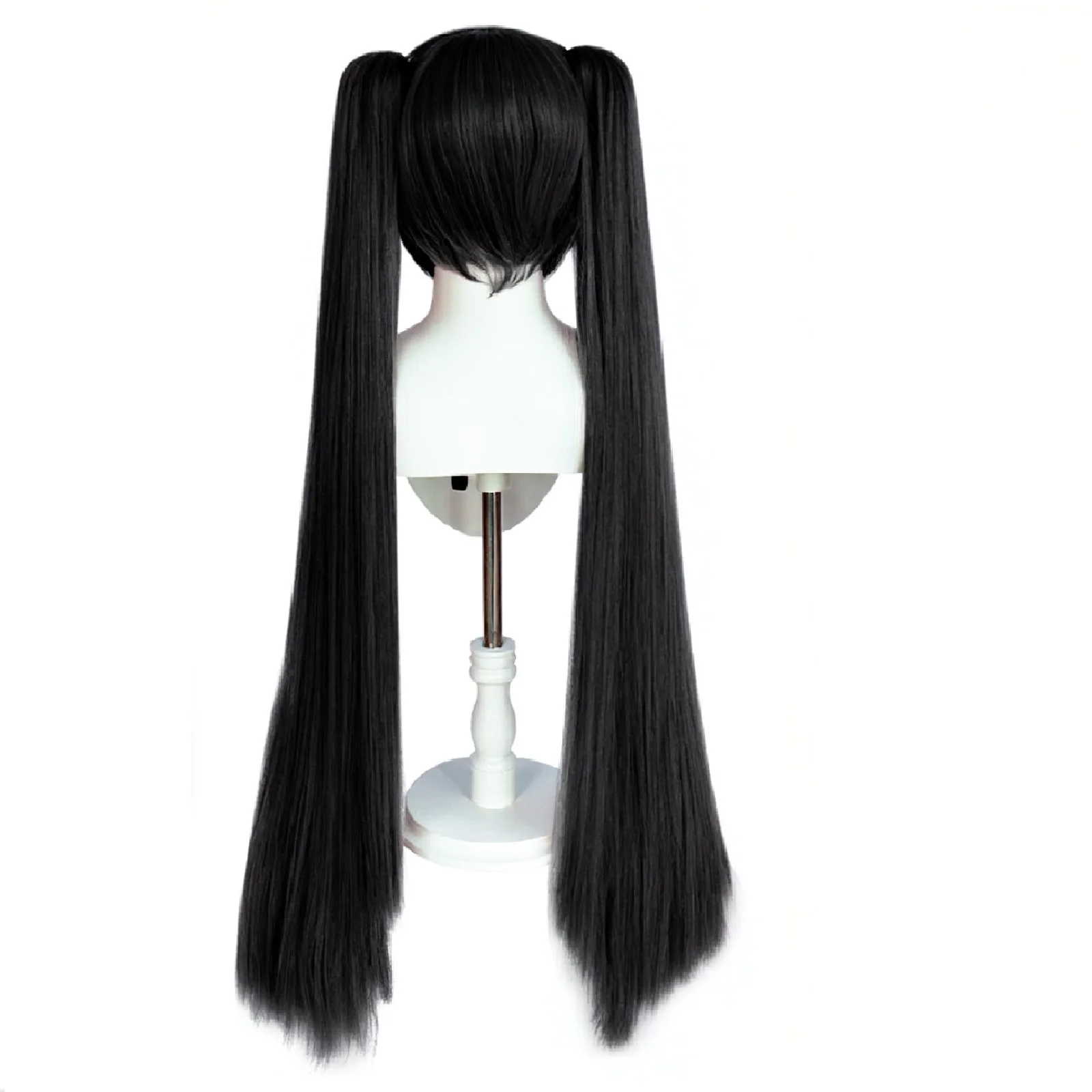 Synthetic Hair 48 Inch Ultra Long Black Twin Tail Cosplay Wig, Lolita Style Straight Ponytail with Bangs, for Anime Costume Play