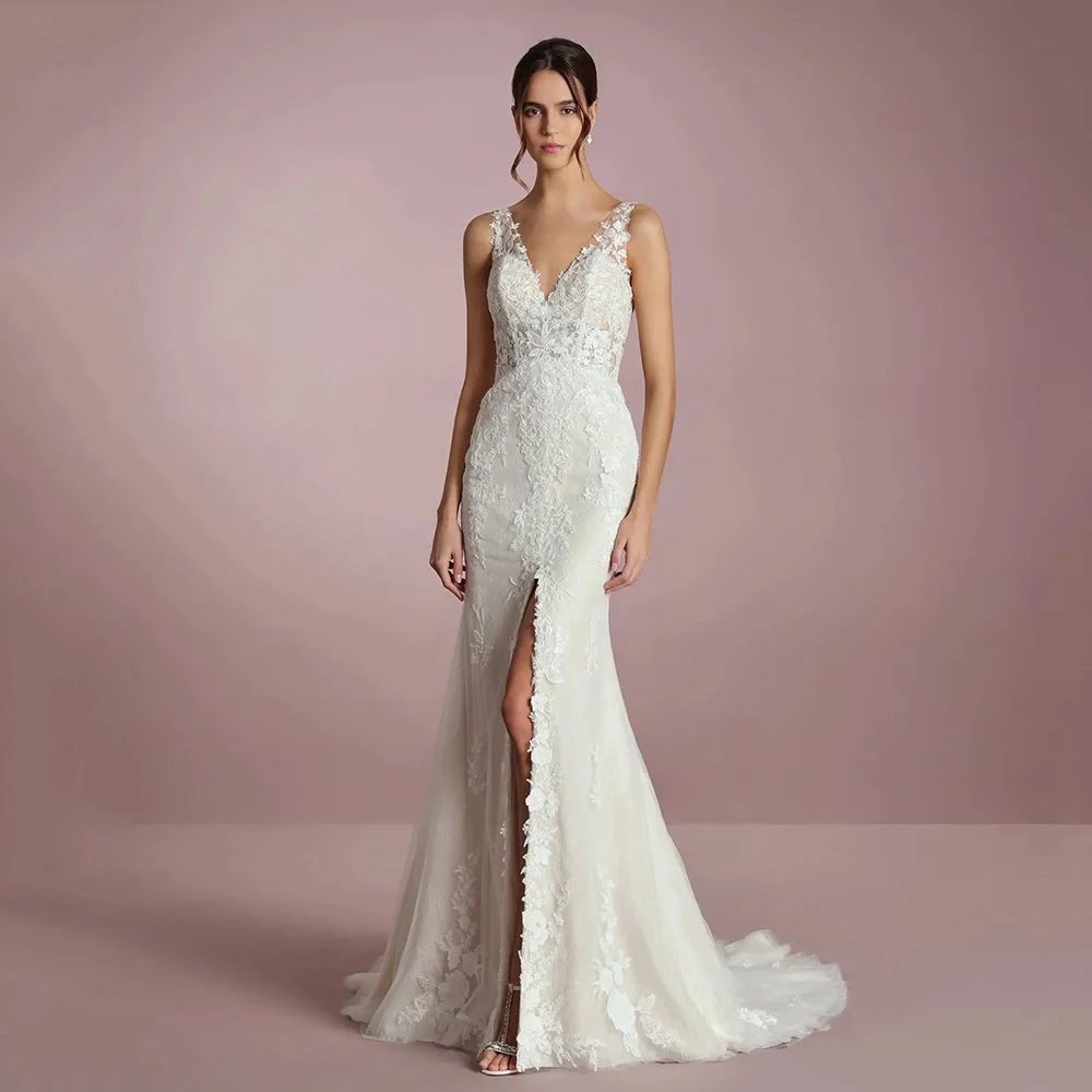 

Sexy Wedding Dresses 2025 V Neck Lace Appliques Illusion Mermaid Bridal Gown Sleeveless Sweep Train Brides Dresses Customized