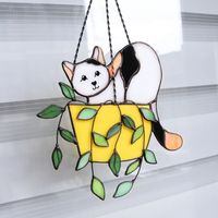 Adorable Exquisite Flower Pot Cat Suncatcher Cartoon Pattern Colored Window Ornament Handmade Car Hanging Pendant Home Decor