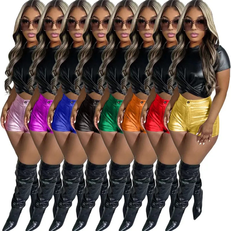 2024 Sexy Candy Color Metallic PU Leather Shorts for Women Streetwear Fashion Short Pant Rave Clothes High Waist Booty Shorts