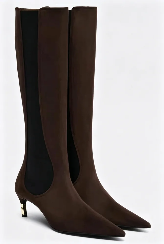 Women's New Knee High Boots with Pointed Kitten Heel and Stretch Fabric for Autumn and Winter Party Fashion, Mid Length Boots