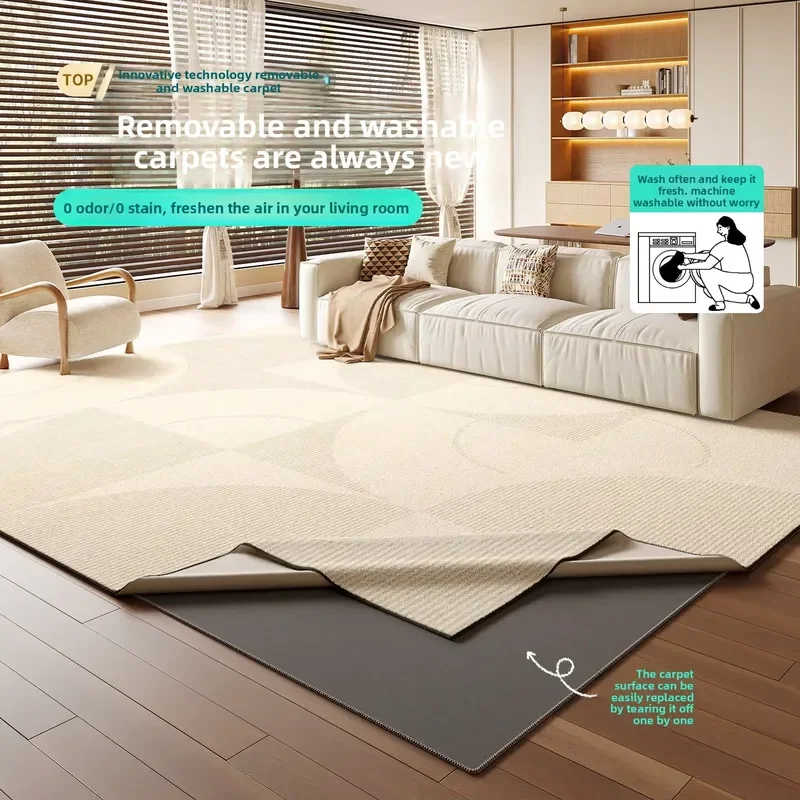 Washable Polyester Living Room Carpet New Cream Style Striped Simple Thickened No-Care Machine Washable Rectangular Bedroom