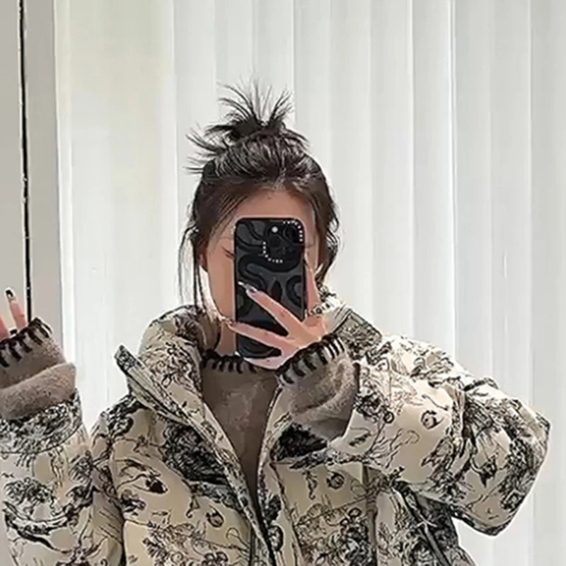 Women's Winter Cotton Jacket 2025 Short Thick Casual Fashion Collar Windproof Guofeng Printed Loose Outerwear Clothing