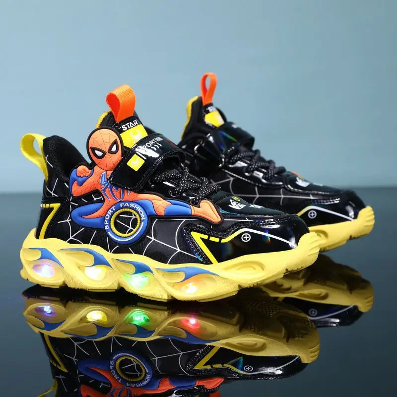 Disney-zapatos deportivos con luces LED para niños, zapatillas de cuero antideslizantes para correr, con dibujos animados, talla 25-35, para otoño