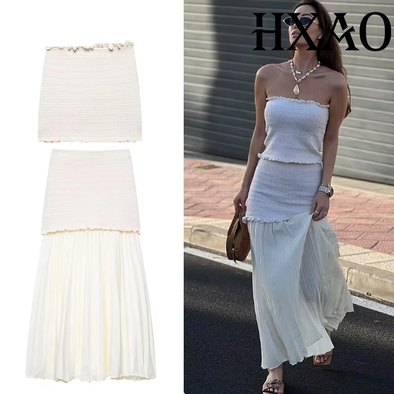 

HXAO Knitted Suits Pleated Long Skirt Set 2 Piece Woman Strapless Corset Top Summer Suit Patchwork Skirt And Top Two Piece Set
