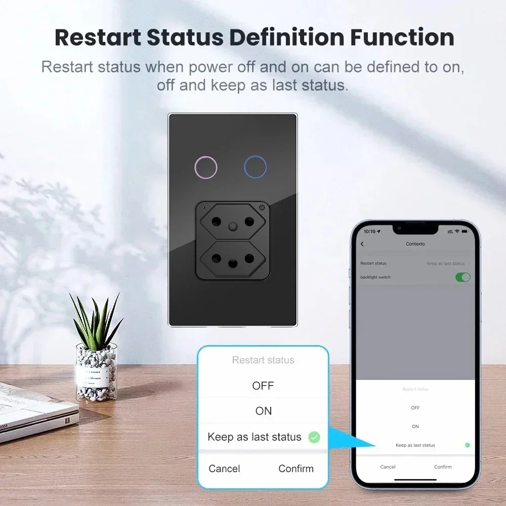 Melery Brazil Smart Plug Wall Socket WiFi Tuya 20A Outlet Light Switch Touch Sensor Glass, Remotely Controlled by Alexa & Google