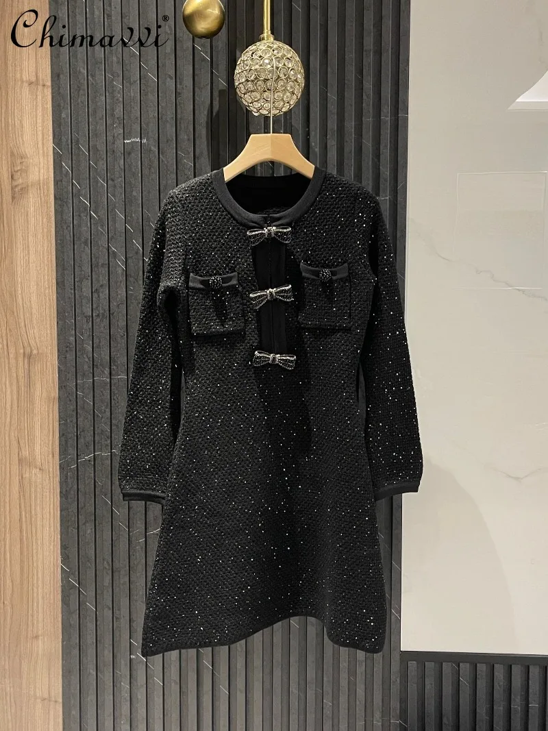 

Heavy Beaded Wool Soft Long Sleeve Knitted Bow Short Dress Autumn Winter New Fashion Slim Fit Elegant Party A-Line Dress Women