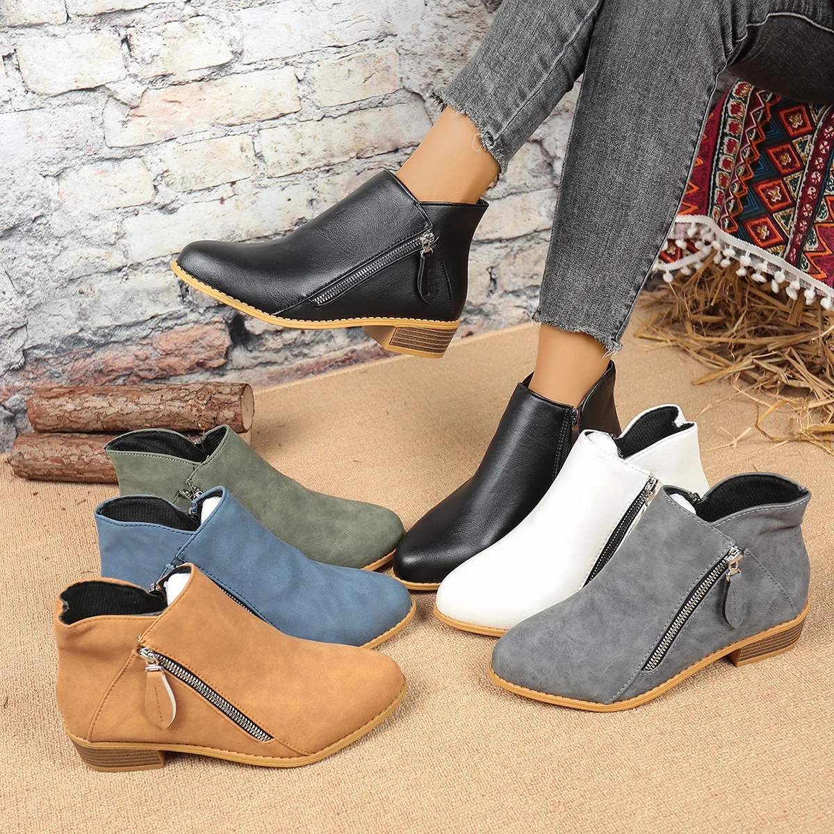 المرأة الخريف الشتاء الجوارب الجديدة عادية منخفضة الكعب الخامس قطع الجوارب القصيرة موضة كعب سميك مزدوجة الجانب السوستة تصميم أحذية بولي PU #2