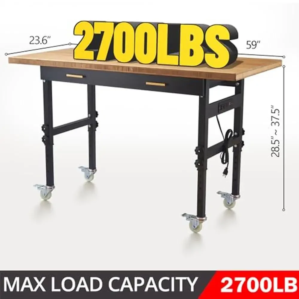 서랍 바퀴가 있는 조정식 작업대, 전원 콘센트, 대나무 목재 강철 프레임, 2700 lbs 용량