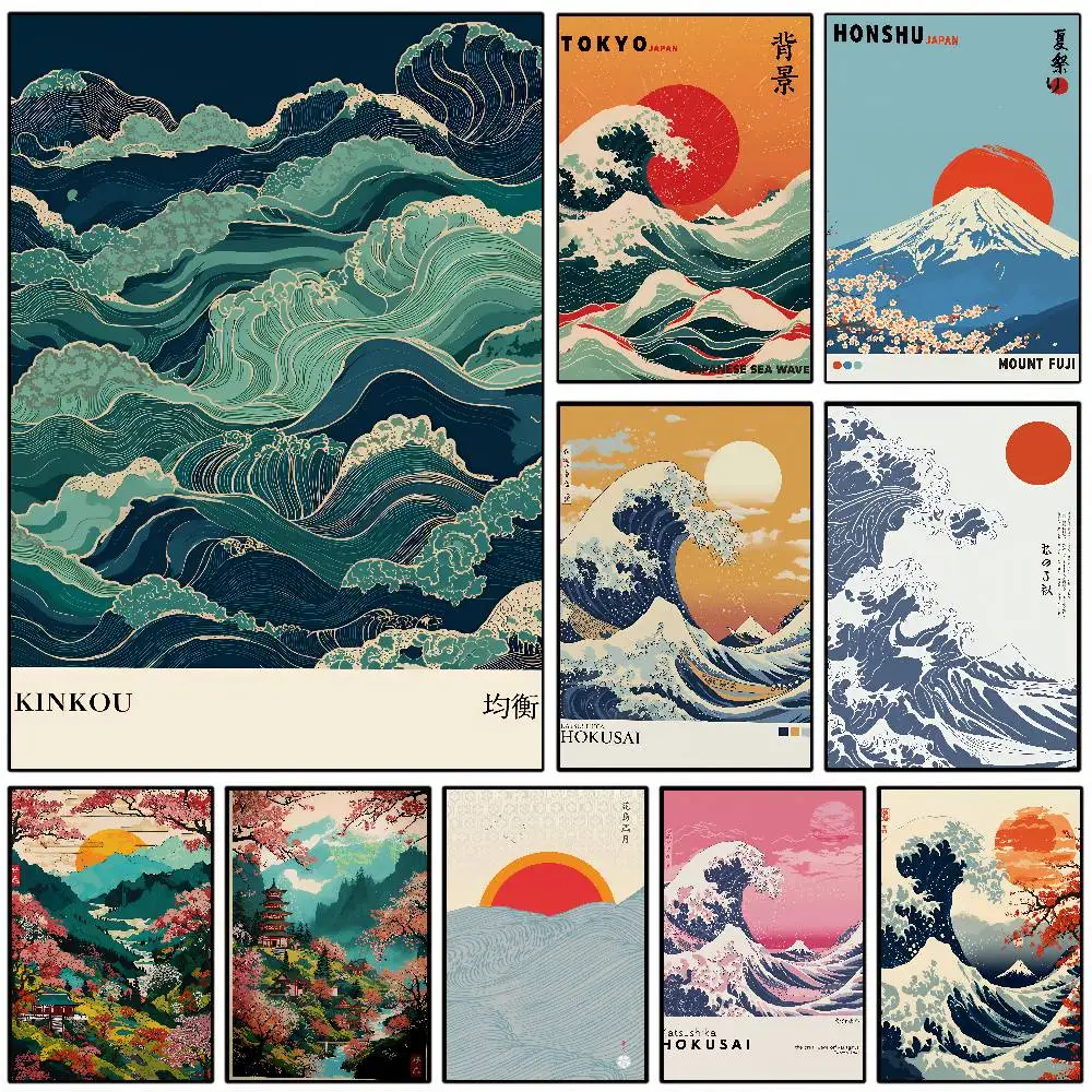 1 Wave Landscape Japanese Wall Art Poster Mount Fuji Sunrise Wave Canvas Print for Modern Living Room Home Decor Poster Canvas
