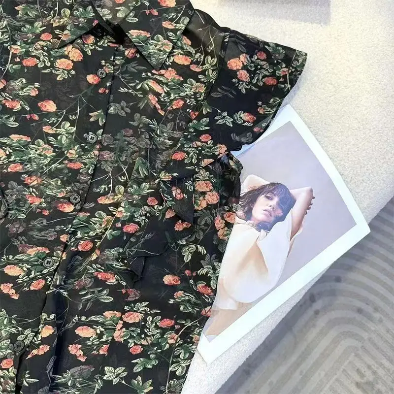 Elegance Yelleow Floral Print Chiffon Blouse For Office Lady Puff Short Sleeve Polo Collar Ruffle Sheer Vintage Casual Shirt Top
