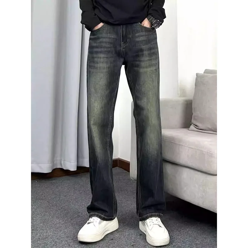 

Корейские мужские джинсы прямого кроя высокого качества, универсальные повседневные, модные, из хлопкового стрейч-денима, со средней посадкой, на молнии