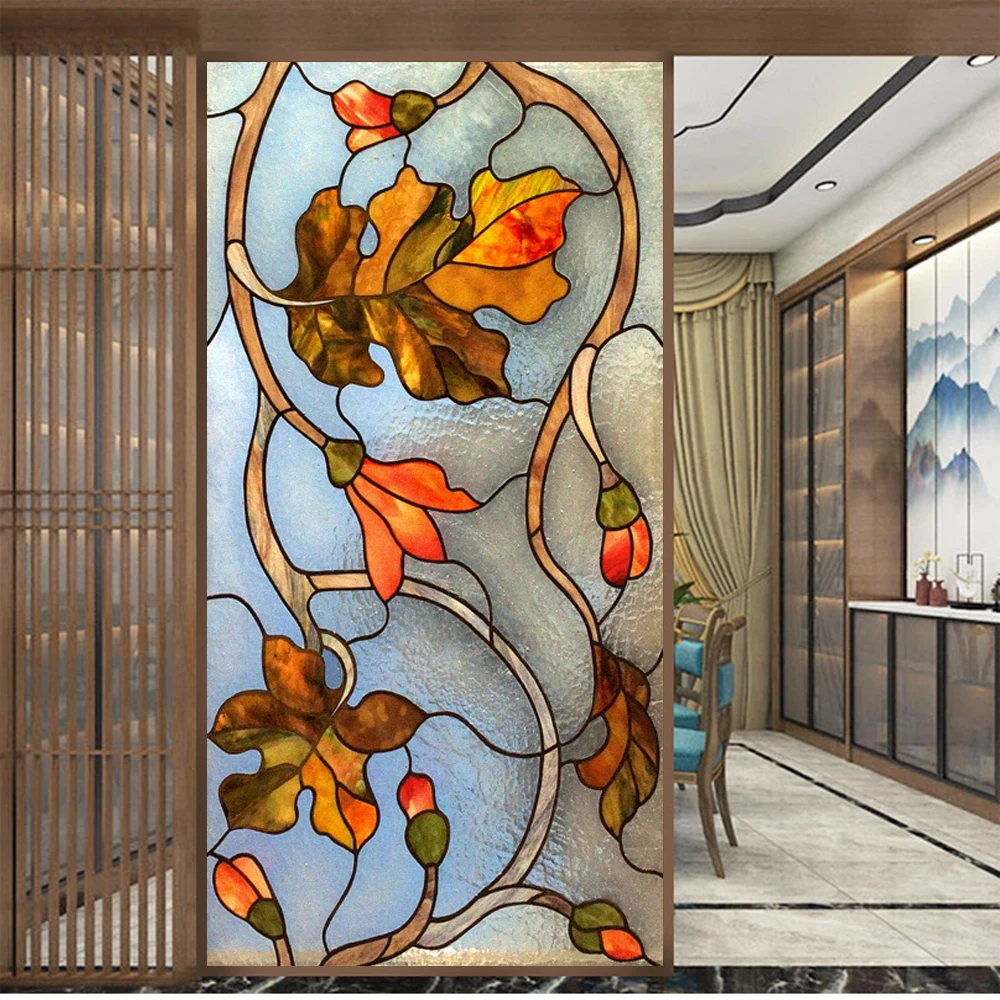 Static Cling Privacy Window Film Heat Control UV Blocking Window Glass Film Stained Glass-Leaf Frosted Window Film