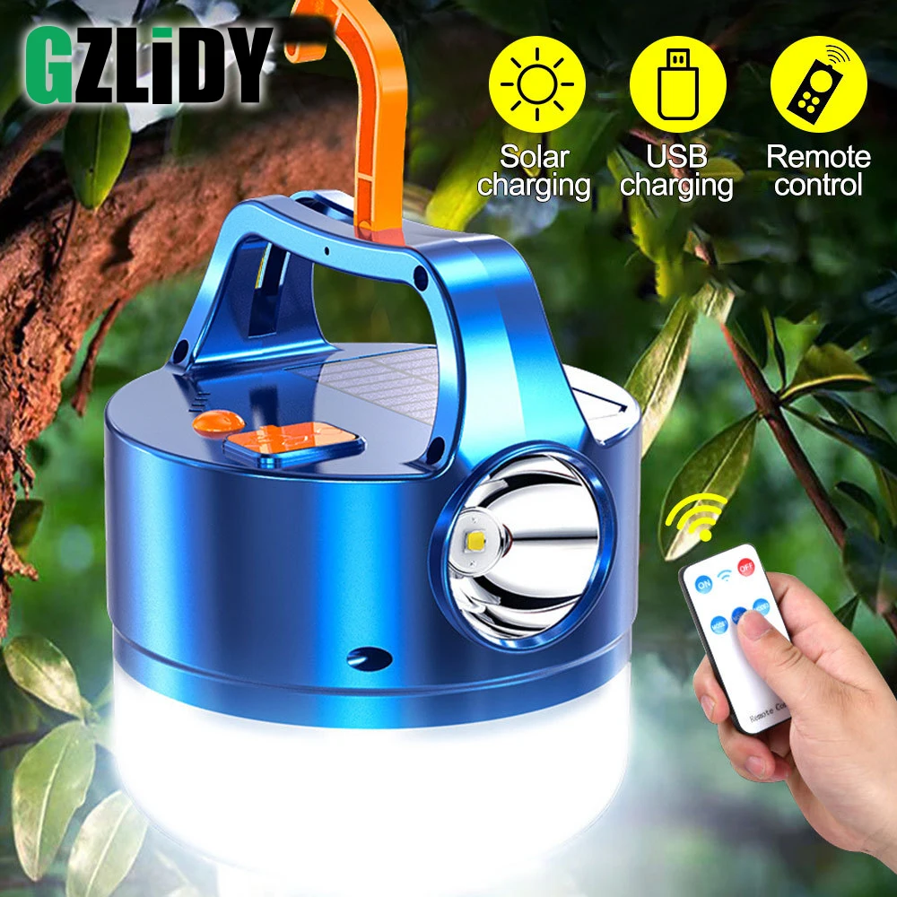 

Powerful Camping Light Solar USB Rechargeable Tent Lamp Portable Waterproof Lantern Remote Control Work Lights Power Bank Torch