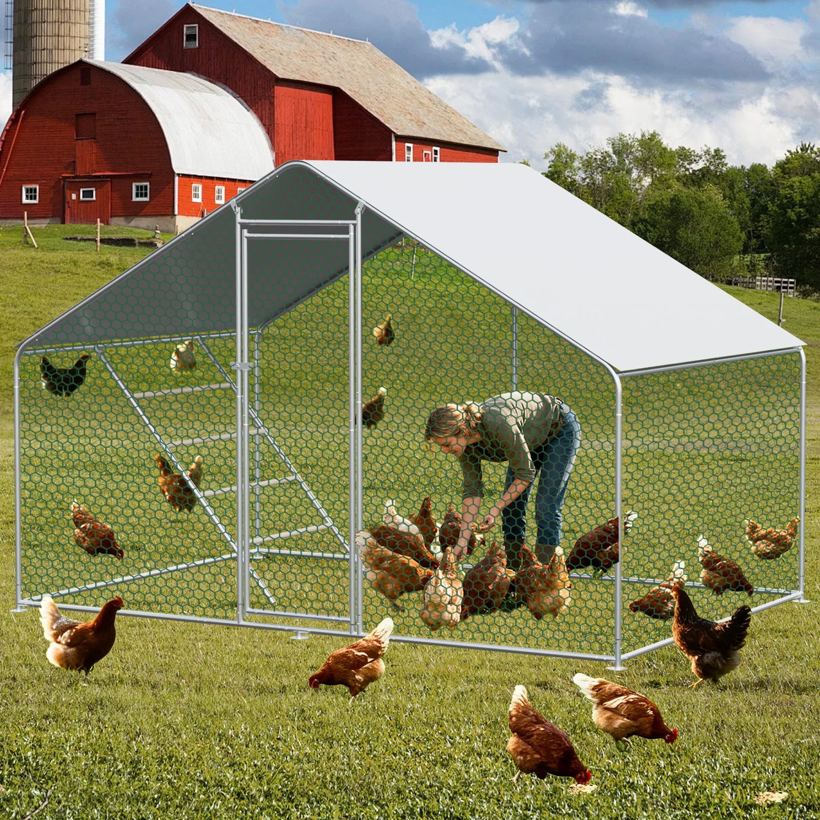Enclos pour poulets en métal 3x2x2m avec serrure de sécurité et couverture en PE imperméable pour poulets, lapins et petits animaux
