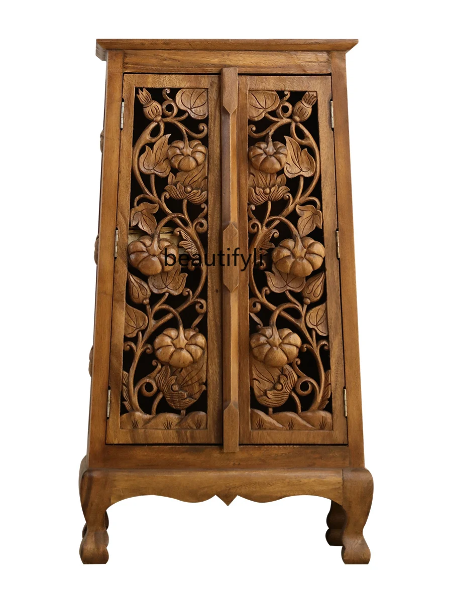 

Wood Carved Entrance Cabinet Thai Style Living Room and Hotel Club Corridor Hollow Locker Storage Cabinet