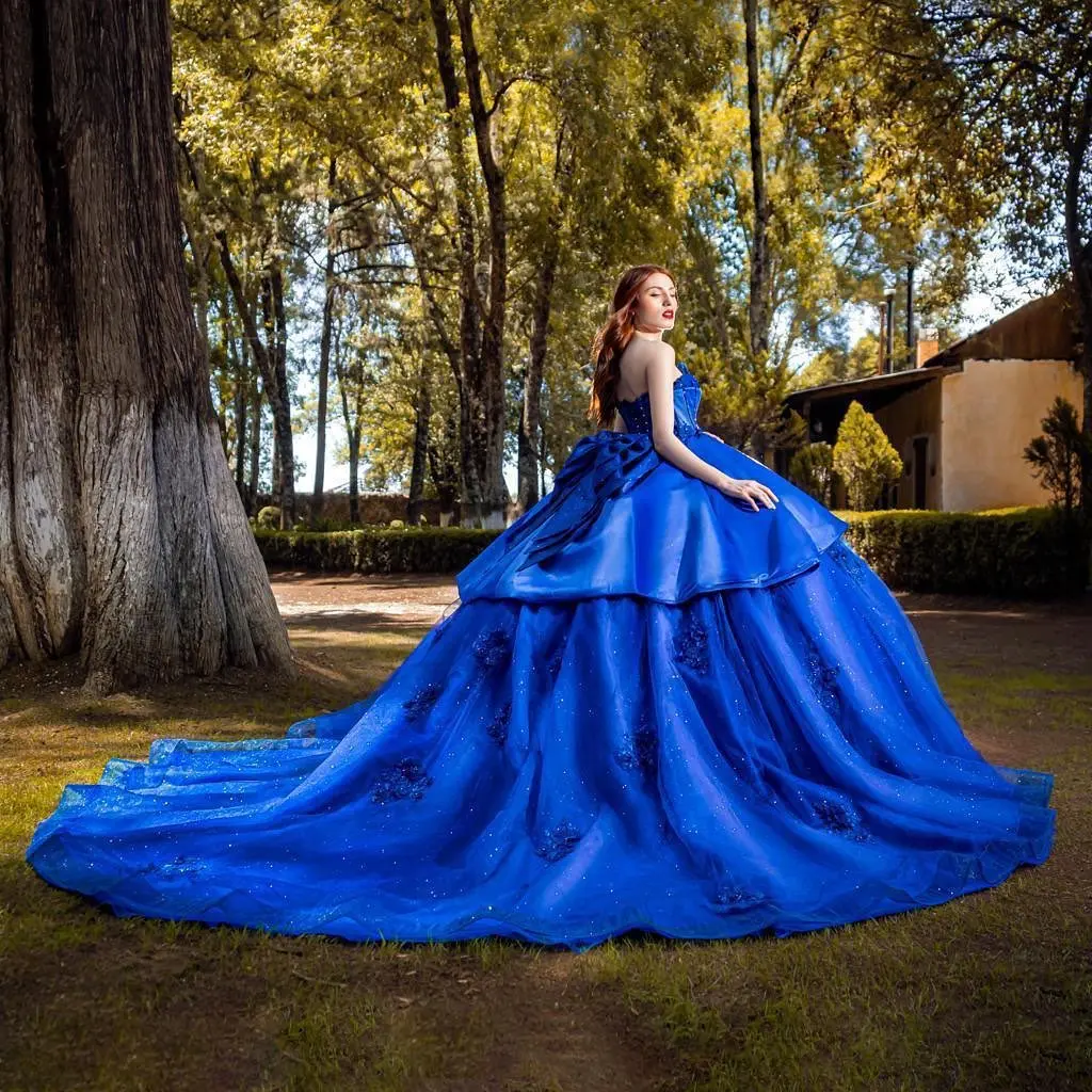 Vestidos de 15 quinceañera königsblaue Prinzessin Quince anera Kleider Spitzen applikationen Schatz ärmel los 16 Mädchen Abschluss ball Party kleid