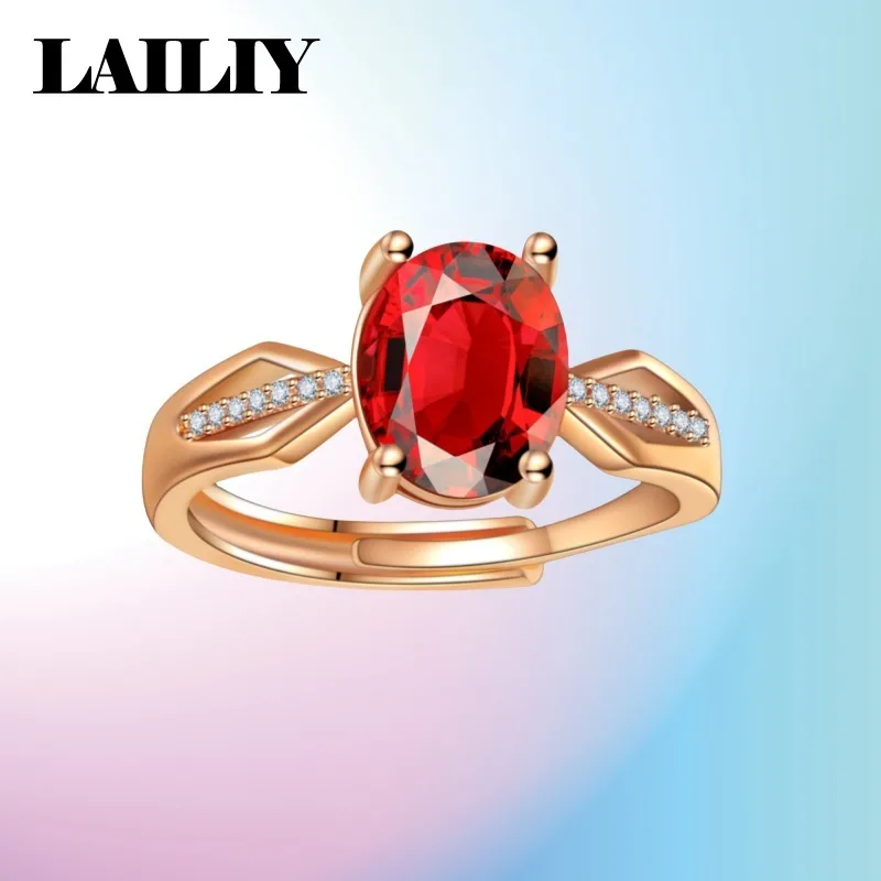 LAILIY925 Sterling Silver Rose Gold Oval Pigeon Blood Red Diamond Adjustable Ring for Women Fashion Jewelry - view 5