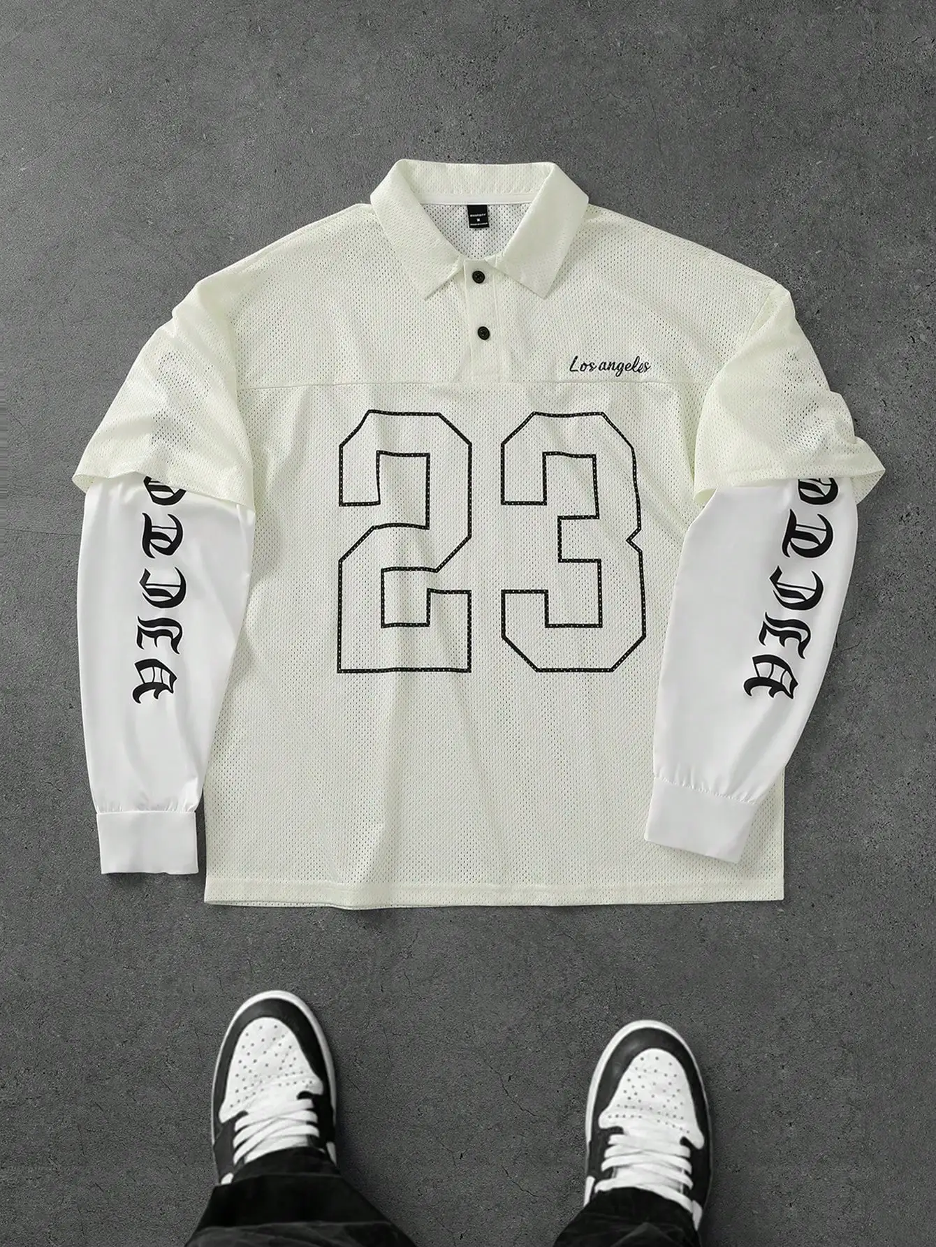 

Oversized Mesh Polo Shirt with Number 23 Outline Print and Gothic Script Sleeves