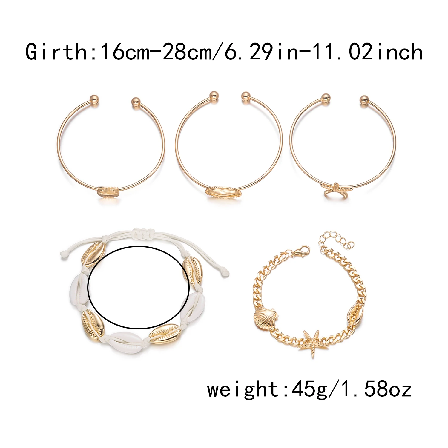 5-teiliges Set Sommer-Armreifen in Goldfarbe mit Seestern- und Muschelmotiven für Damen, Modische Meeres-Elemente, Trendige Strandparty-Schmuckstücke – Detail 8