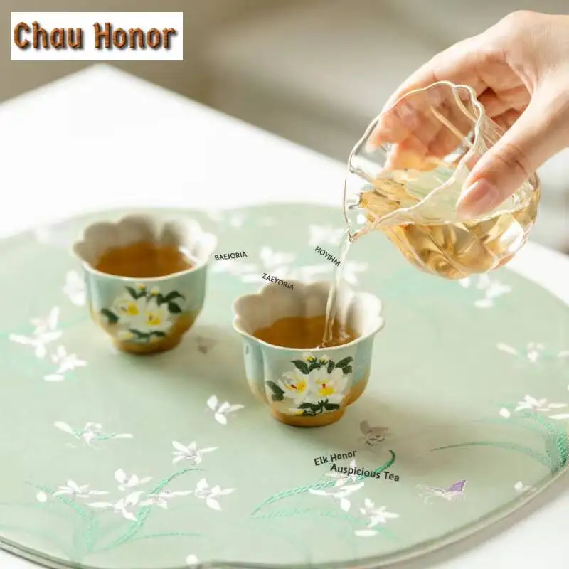 ZAEYORIA 50ml Hand-painted Gardenia Flower Teacup Luxury Tea Bowl Sample Tea Cup Tea-tasting Fragrance Cup Jianzhan Master Cups