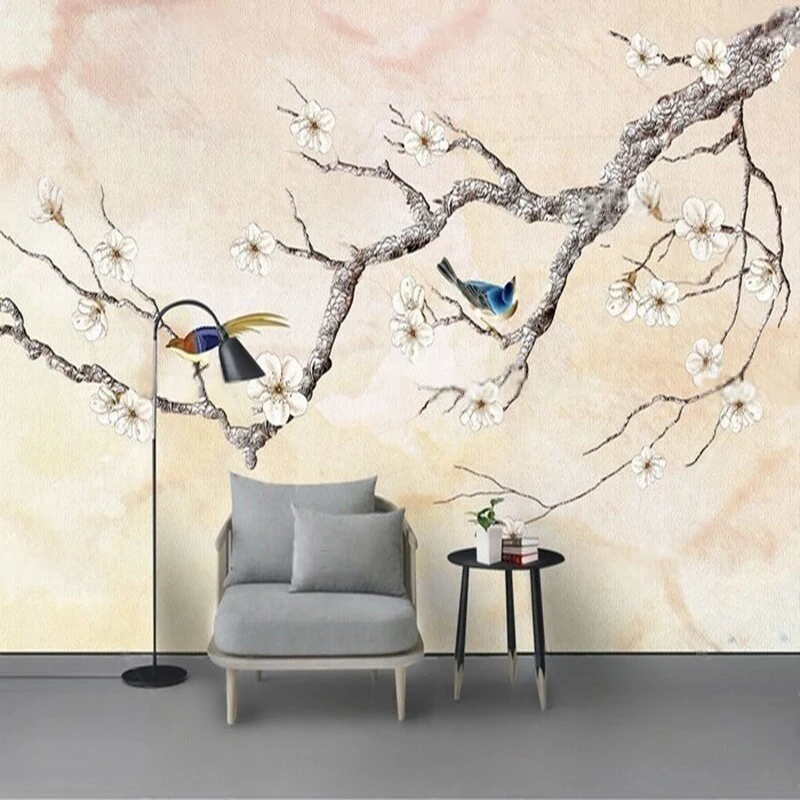 Hand-Painted Meticulous Flower-And-Bird Painting For Traditional Chinese-Style Stone-Patterned Tree-Branch Wall Decoration