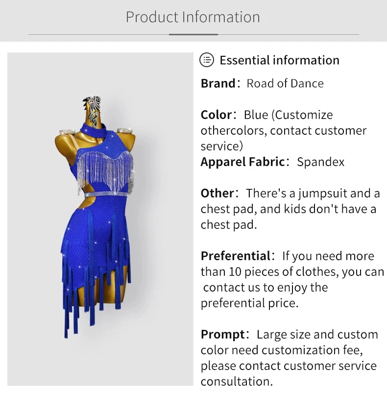 Blaues Latein-Tanzkleid, Damen-Trainingskleidung, Tanzbekleidung, sexy Rock, Ball-Wettkampfanzug, elegantes Partykostüm, Sportbekleidung. – Detail 3