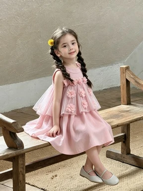 2026 Summer Girls' Dress Three Dimensional Flower Mesh Vest Skirt Children's Elegant Princess Skirt