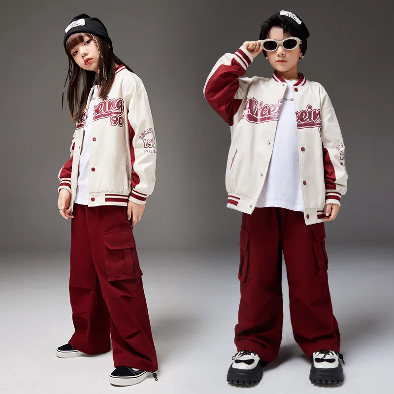 Boys Girls Teen Streetwear Loose Baseball Jacket Cargo Pants 2 Pieces Sets Kids Spring Autumn Coat Pant Tracksuits Children