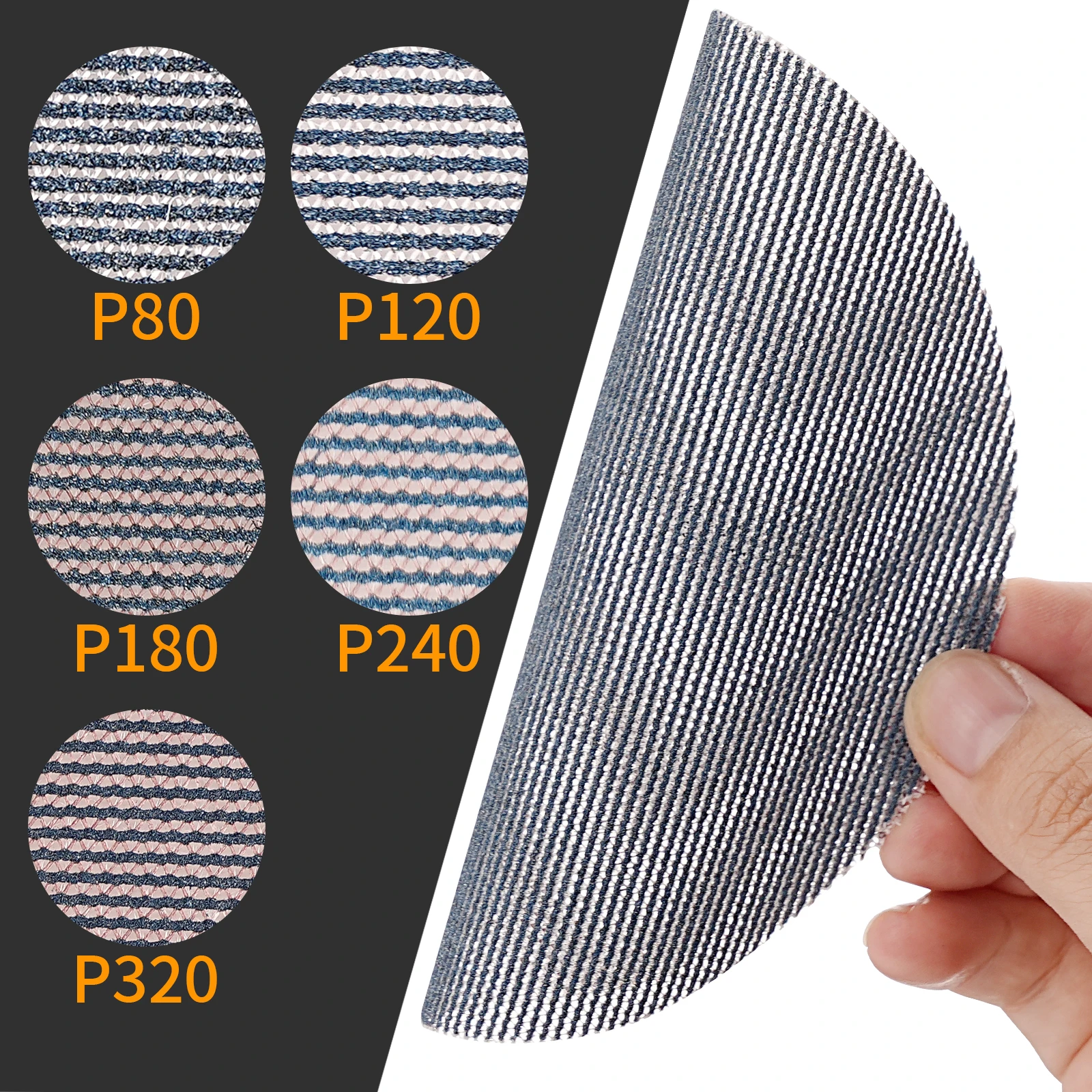 50/100개 5인치 125mm 새롭게 업그레이드된 메쉬 샌딩 디스크 80-320 그릿 훅앤루프 무진동 연마 패드 (목재/금속 광택용)