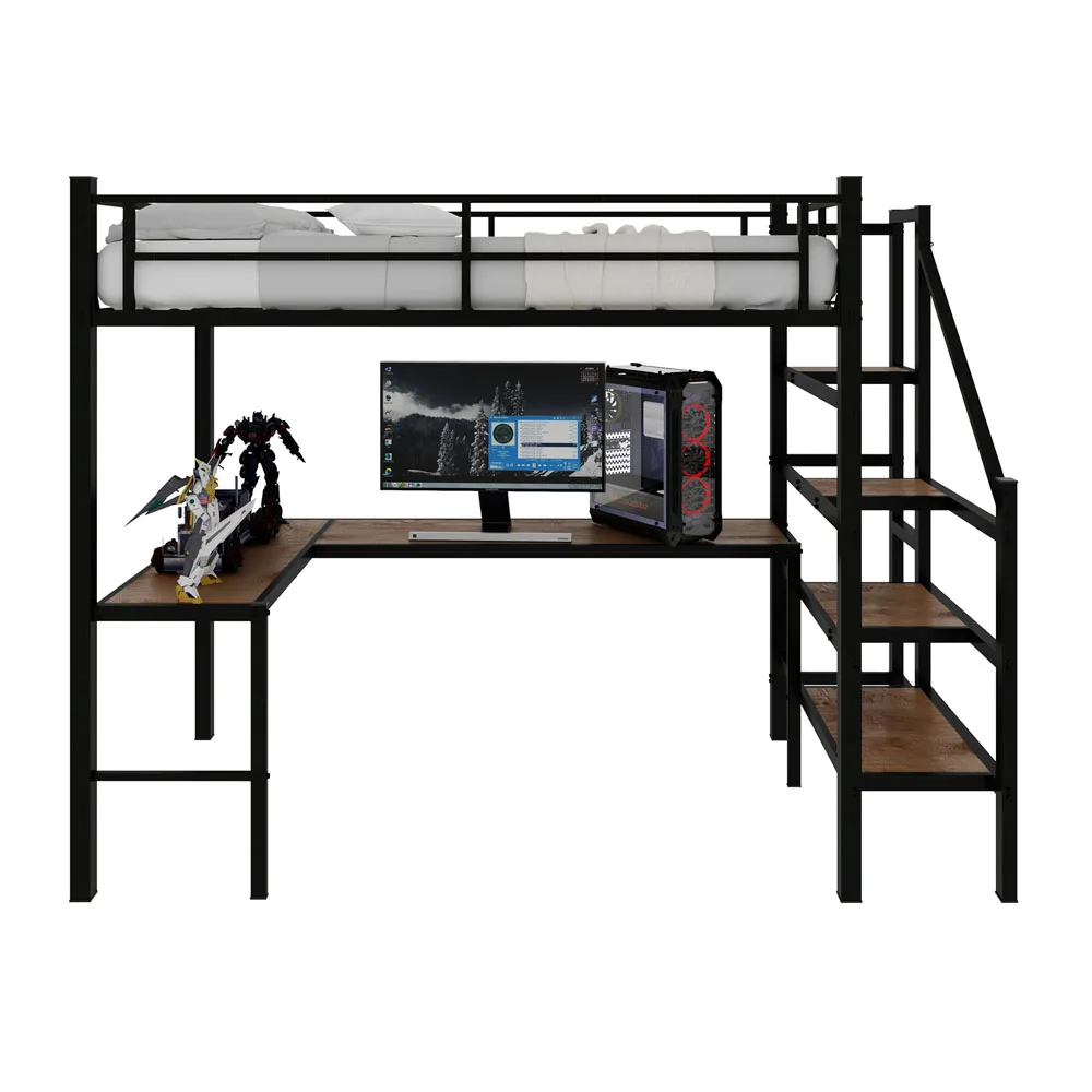 90x190cm Hohes Hochbettgestell mit L-förmigem Schreibtisch, platzsparendes Einzel-Hochbett mit Treppe, durchgehenden Sicherheitsgeländern, geräumigen Ablageflächen und Staufächern, stabiles Hochbett für Schlafzimmer, Teenager- und Erwachsenen-Schlafzimmermöbel – Detail 11