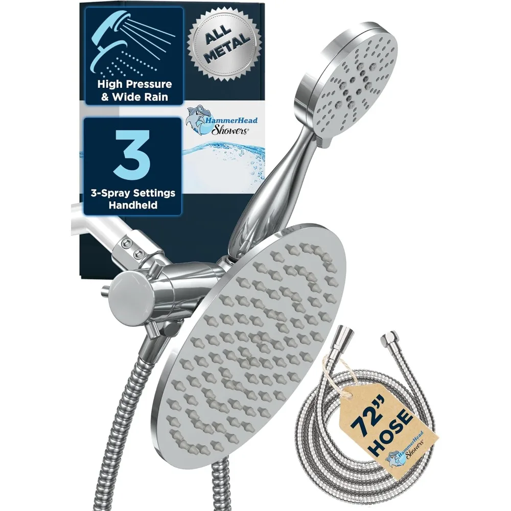 

Dual Shower Head Set: 8 Rainfall and 3-Function Handheld, Chrome Finish, 2.5 GPM