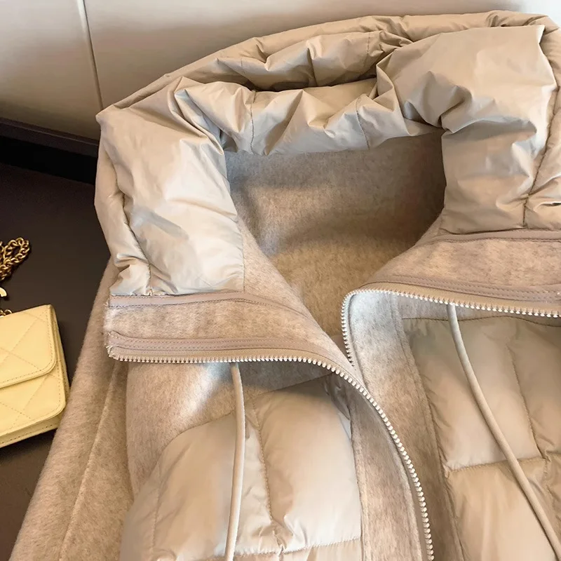 Retalhos com capuz cordão jaqueta feminina inverno 2025 elegante casacos térmicos acolchoados de alta qualidade moda jaqueta de algodão