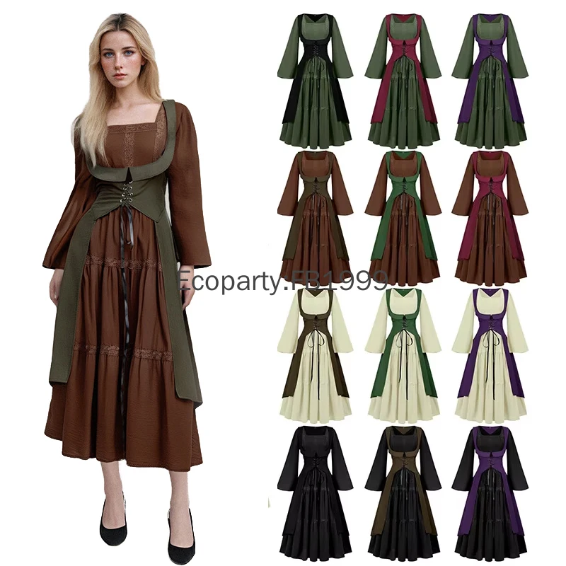 

2pcs Women Medieval Costume Steampunk Vintage Celtic Sleeveless Open Dress Gothic Carnival Dress Up Halloween Party Outfits