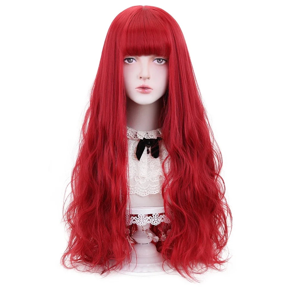 AICKER Synthetic Wig Long Wavy Synthetic Wine Red White With Bangs For Women Daily Use Lolita Theme Party Natural Breathable Net