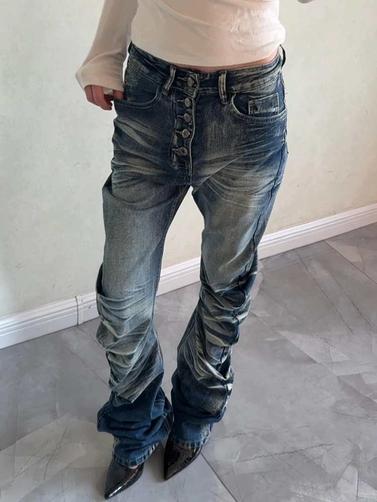

Retro American Girl Design Worn Wave Cra Denim Jeans Women's Vintage Subculture Floor-Length Knife Pants l Waist