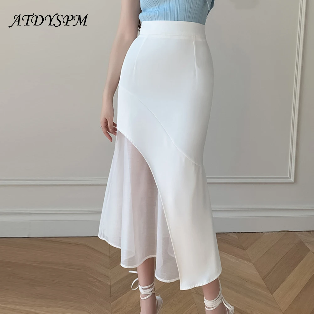 

Vintage Mesh Stitching Skirts Women Korean Fashion Ruffles Wrap Hips Bodycon Midi Skirt Elegant Office Lady Formal Clothes 2024