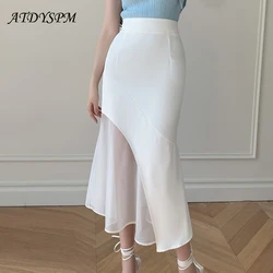 Vintage Mesh Stitching Skirts Women Korean Fashion Ruffles Wrap Hips Bodycon Midi Skirt Elegant Office Lady Formal Clothes 2024