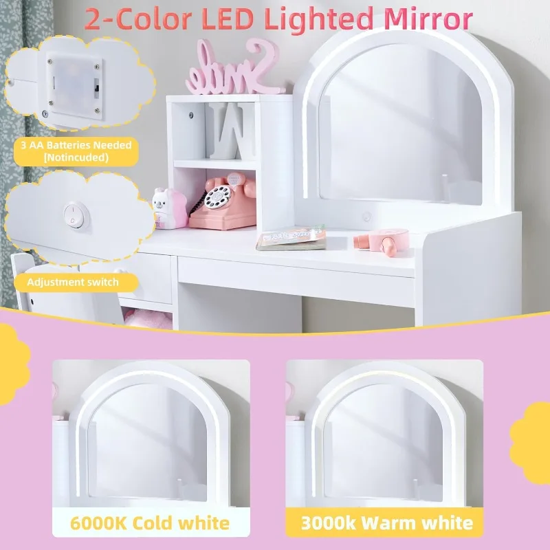 Kids Vanity with Lights, Princess Vanity Set with Drawer and Storage Shelves, 2 in 1 Toddler Makeup Vanity