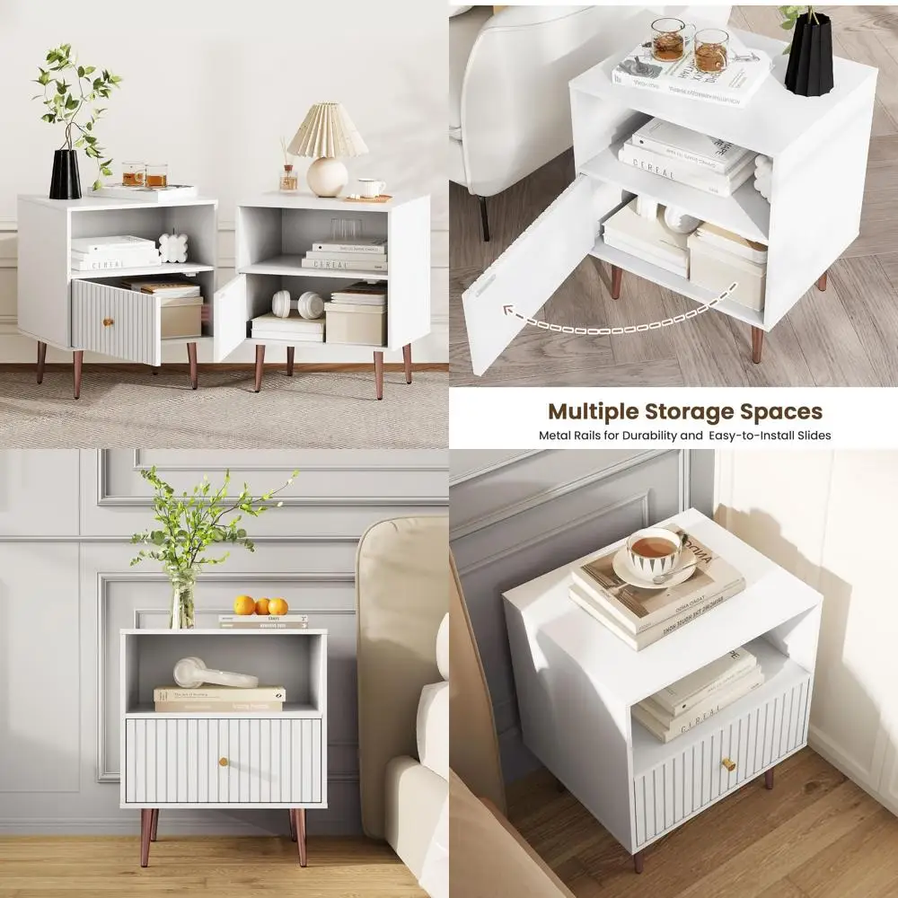 

Пара современных белых тумбочек с дверцами и местом для хранения, рифленым дизайном, ножками и ручками из розового золота для спален и гостиных