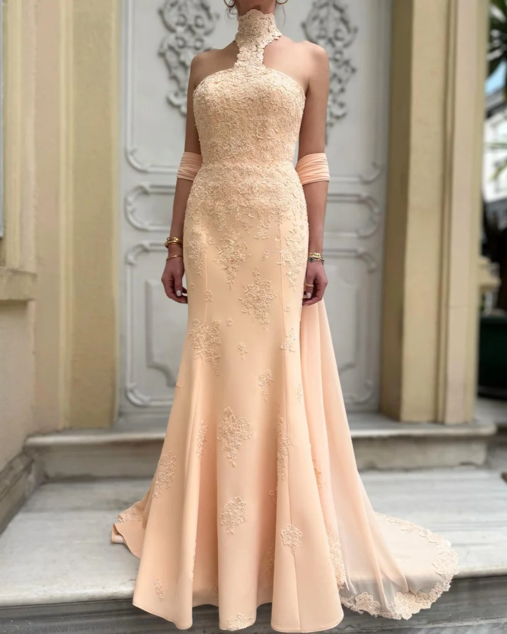 

Индивидуальные высококачественные женские вечерние платья-русалки из джерси с аппликацией и драпировкой, модные официальные платья без рукавов с высоким воротником для выпускного вечера